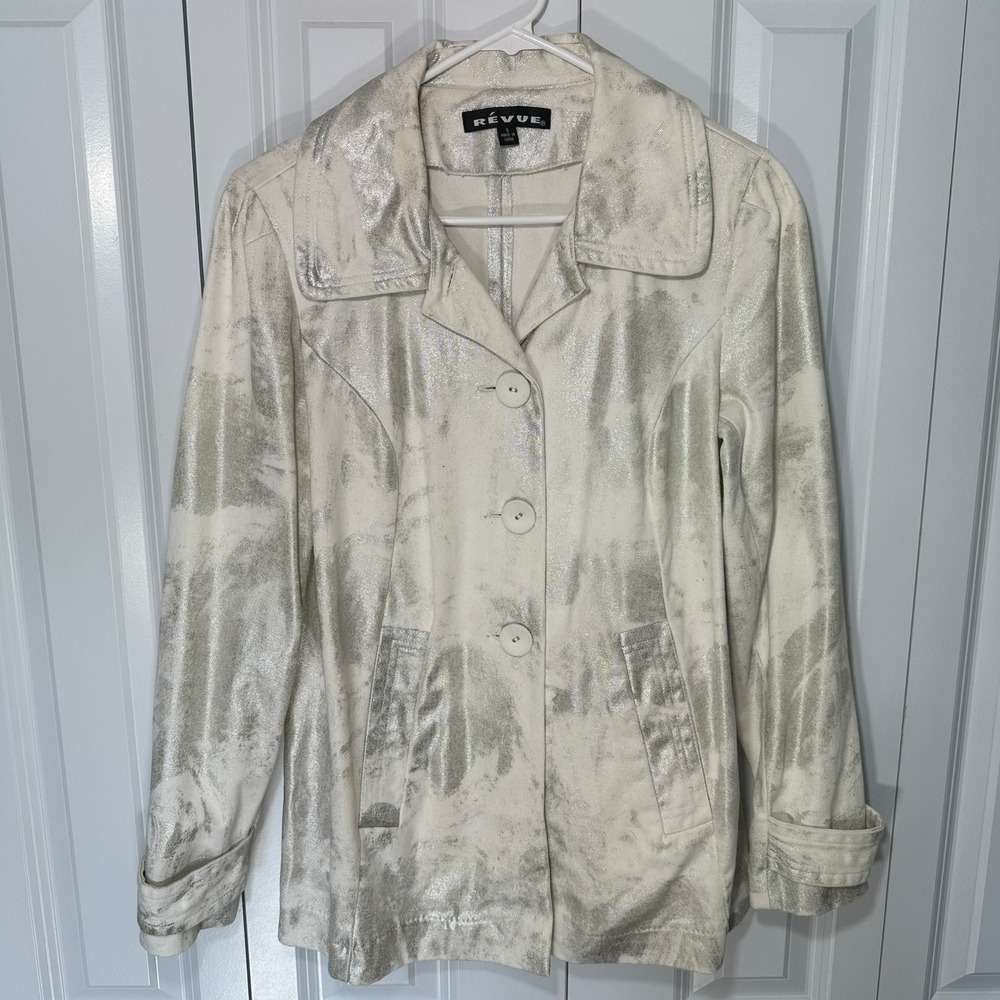 Revue‎ Button Front Jacket Denim S Silver White Metallic Foil Abstract Cotton